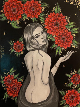 Obra contemporánea nombrada « Femme et fleurs », Hecho por LALLY.BRIN