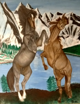 Obra contemporánea nombrada « chevaux sauvages », Hecho por DOMI