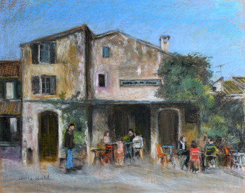 Obra contemporánea nombrada « café de la place à Eygalières », Hecho por CORINNE QUIBEL