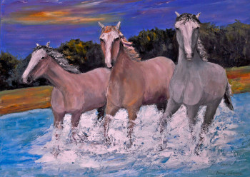 Obra contemporánea nombrada « chevaux au galops en Camargue », Hecho por MARC LEJEUNE