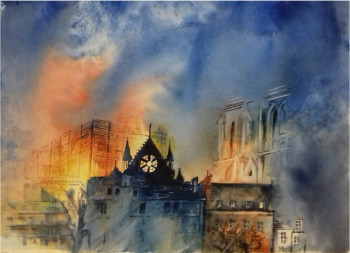 Obra contemporánea nombrada « Notre Dame de Paris brûle », Hecho por MONIQUE FESQUET