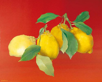 Obra contemporánea nombrada « Citrons sur fond rouge », Hecho por MARTHE BRILMAN