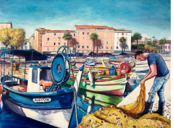 Obra contemporánea nombrada « Pêcheur dans le port d’Ajaccio », Hecho por PAUL-LOUIS RECCO