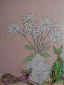 Obra contemporánea nombrada « Bouquet aux chats », Hecho por DEVAREWAERRE RéGINE