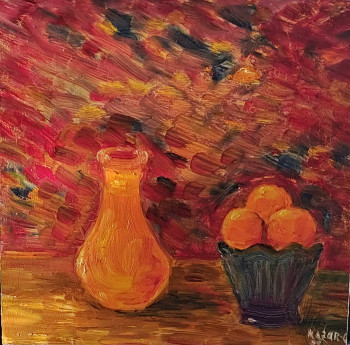 Obra contemporánea nombrada « Nature morte bouteille et mandarines », Hecho por KOZAR