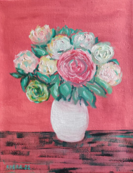 Obra contemporánea nombrada « Roses dans un vase blanc », Hecho por KOZAR