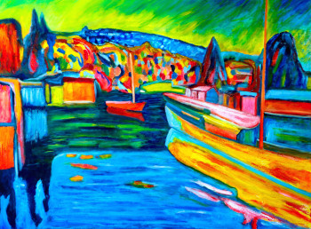 Obra contemporánea nombrada « Paysage d'automne avec des bateaux selon Kandinsky », Hecho por KRIGOU CHRISTIAN SCHNIDER