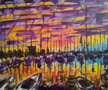 Obra contemporánea nombrada « Coucher de soleil - port de La Rochelle », Hecho por GéRARD JOURNO