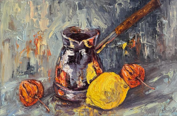 Obra contemporánea nombrada « Cafetière avec citron et physalis », Hecho por NADYA RIGAILL