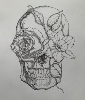 Obra contemporánea nombrada « Skull x Flowers », Hecho por MAEV_INK