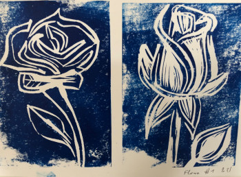 Obra contemporánea nombrada « Flower blue linoprint #01 », Hecho por AERH ARTS