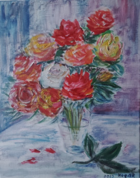 Obra contemporánea nombrada « Roses dans le vase », Hecho por KOZAR