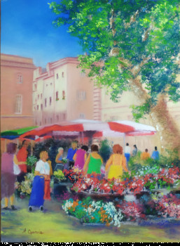 Obra contemporánea nombrada « Marché aux fleurs à Aix en Provence », Hecho por ALAIN GARCIA