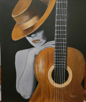 Obra contemporánea nombrada « OMBRE ET GUITARE », Hecho por GHISLAINE LECA