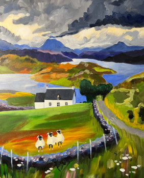 Obra contemporánea nombrada « The three sheep. Scottish highlands. », Hecho por KENNETH MELVILLE