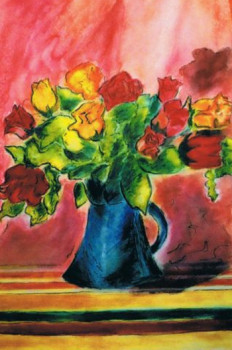 Obra contemporánea nombrada « Roses dans un vase bleu », Hecho por GENEVIèVE SARAZIN