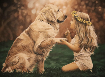 Obra contemporánea nombrada « Première Leçon,Golden Retriever », Hecho por JULIAN WHEAT