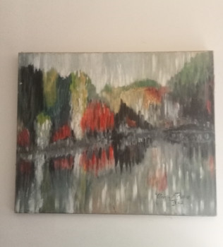 Obra contemporánea nombrada « Lac d'automne huile sur toile 73x60 », Hecho por VéRONIQUE ROSE