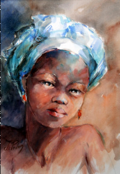 Obra contemporánea nombrada « Jeune fille au turban (14-015) », Hecho por JACQUELINE PELON