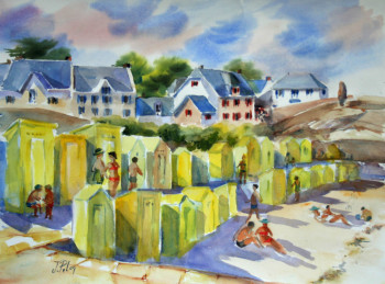 Obra contemporánea nombrada « L'été sur la plage aux cabines jaune du port de Batz sur Mer. (21-003) », Hecho por JACQUELINE PELON