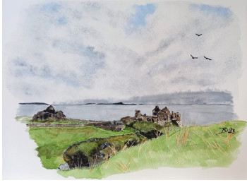 Obra contemporánea nombrada « Dunluce Castle », Hecho por RAPHAELLE DOIN AQUARELLES