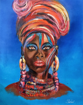 Obra contemporánea nombrada « Femme africaine fond bleu », Hecho por CLICKART+