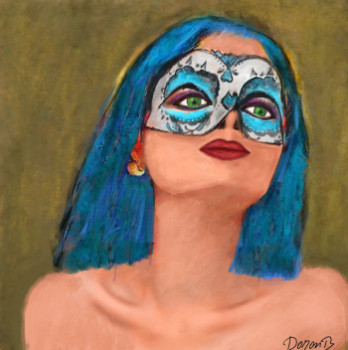 Obra contemporánea nombrada « Young girl with blue mask », Hecho por DORON B