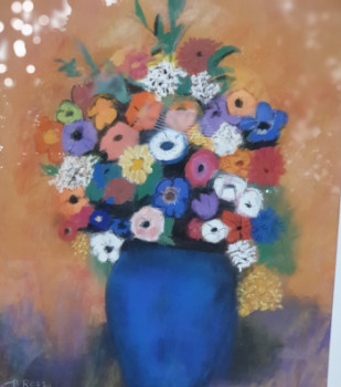 Obra contemporánea nombrada « Fleurs dans un Vase Bleu Clair », Hecho por GHYS