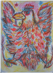 Obra contemporánea nombrada « American eagle aigle royale couleurs vives, pastels sur feuille, 21x30cm. Style art brut art singulier », Hecho por SYLVAIN DEZ