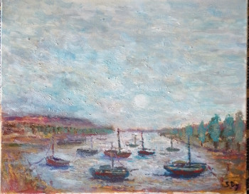 Obra contemporánea nombrada « tableau peinture huile/Toile paysage Vintage provence marin Bateaux 24x30cm signé », Hecho por SYLVAIN DEZ