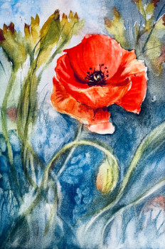 Obra contemporánea nombrada « Poppy, coquelicot à l'aquarelle », Hecho por LUCIE FRANCE