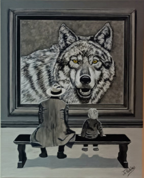 Obra contemporánea nombrada « Un homme et son petit fils admirent dans une exposition un tableau représentant un loup. », Hecho por JEAN-CLAUDE ROBLES