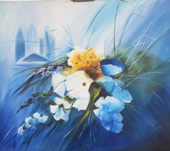 Obra contemporánea nombrada « Bouquet de Fleur dans le bleu », Hecho por LES PEINTURES DE JOELLE BROUILLARD