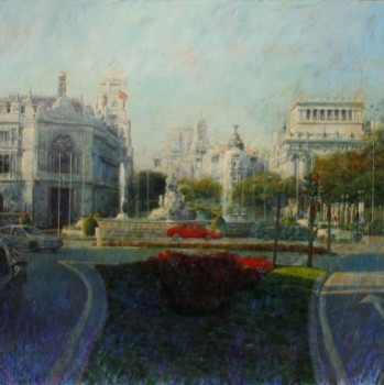 Obra contemporánea nombrada « Plaza de Cibeles Madrid, óleo sobre tabla medidas 195 por 122 centímetros », Hecho por FéLIX GONZáLEZ MATEOS