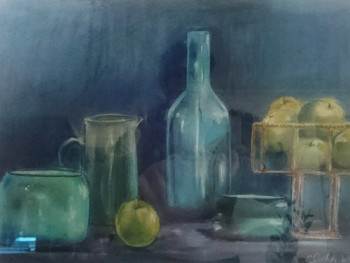 Obra contemporánea nombrada « Nature Morte Bleue au Pastel Sec », Hecho por CLICKART+