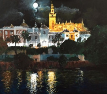 Obra contemporánea nombrada « SEVILLA DESDE TRIANA (NOCTURNO) », Hecho por ROLDAN