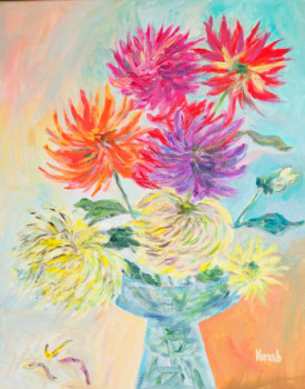 Obra contemporánea nombrada « DAHLIAS ( Acrylique sur toile) », Hecho por NANOU B