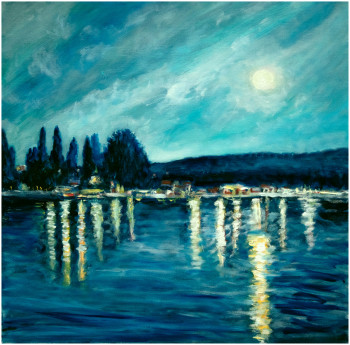 Obra contemporánea nombrada « Bord du lac de Bienne à la nuit tombante », Hecho por KRIGOU CHRISTIAN SCHNIDER