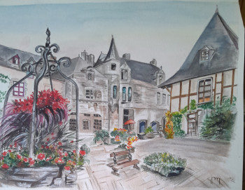 Obra contemporánea nombrada « La place de Locronan - Finistère », Hecho por JOSEPHINE