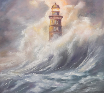 Obra contemporánea nombrada « TEMPÊTE SUR LE PHARE », Hecho por MARTINE GRéGOIRE