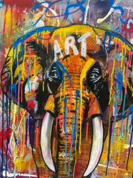 Obra contemporánea nombrada « Peinture acrylique éléphant pop art 60 x 80 cm », Hecho por NATHALIE DEFFRENE