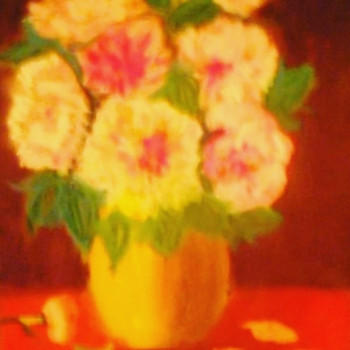 Obra contemporánea nombrada « Les pivoines au vase ocre jaune. », Hecho por ELLE *