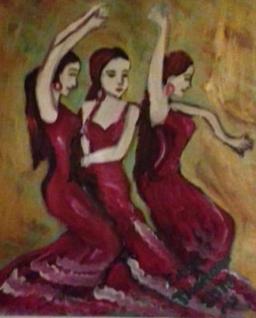 Obra contemporánea nombrada « Trio de danseuses espagnoles aux robes rouges flamboyantes », Hecho por ELLE *