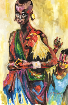 Obra contemporánea nombrada « Jeune africaine au coq », Hecho por G.MAZAN