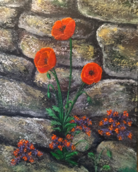 Obra contemporánea nombrada « Coquelicots sur un mur », Hecho por ALLAVENA