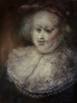 Obra contemporánea nombrada « Portrait d'une Vieille Femme Ronde avec un Béret », Hecho por LA CIGOGNE