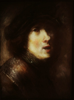 Obra contemporánea nombrada « D'après Rembrandt, Jeune Chevalier Vagabond en Armure », Hecho por LA CIGOGNE