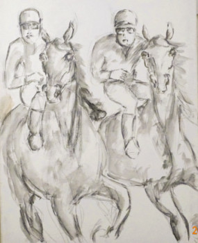 Obra contemporánea nombrada « Jockeys Kopf an Kopf », Hecho por HORST LUDWIG  "ALKUHL"