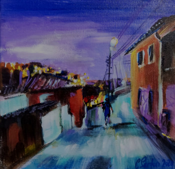 Obra contemporánea nombrada « Cerbère - La rue Cruzel au crépuscule », Hecho por CLICKART+