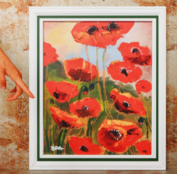 Obra contemporánea nombrada « Tableau peinture à l'huile de coquelicots avec cadre au choix, peinture au couteau originale encadrée,  couleurs rouge et vert. », Hecho por PATRICK BAUQUEL